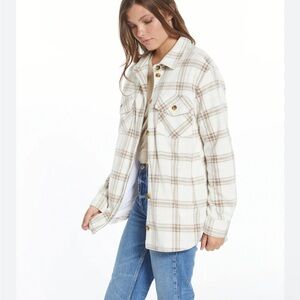 NWT Thread & Supply Chandler Shacket Vanilla Taupe Plaid Pocket Lined Cream Wool